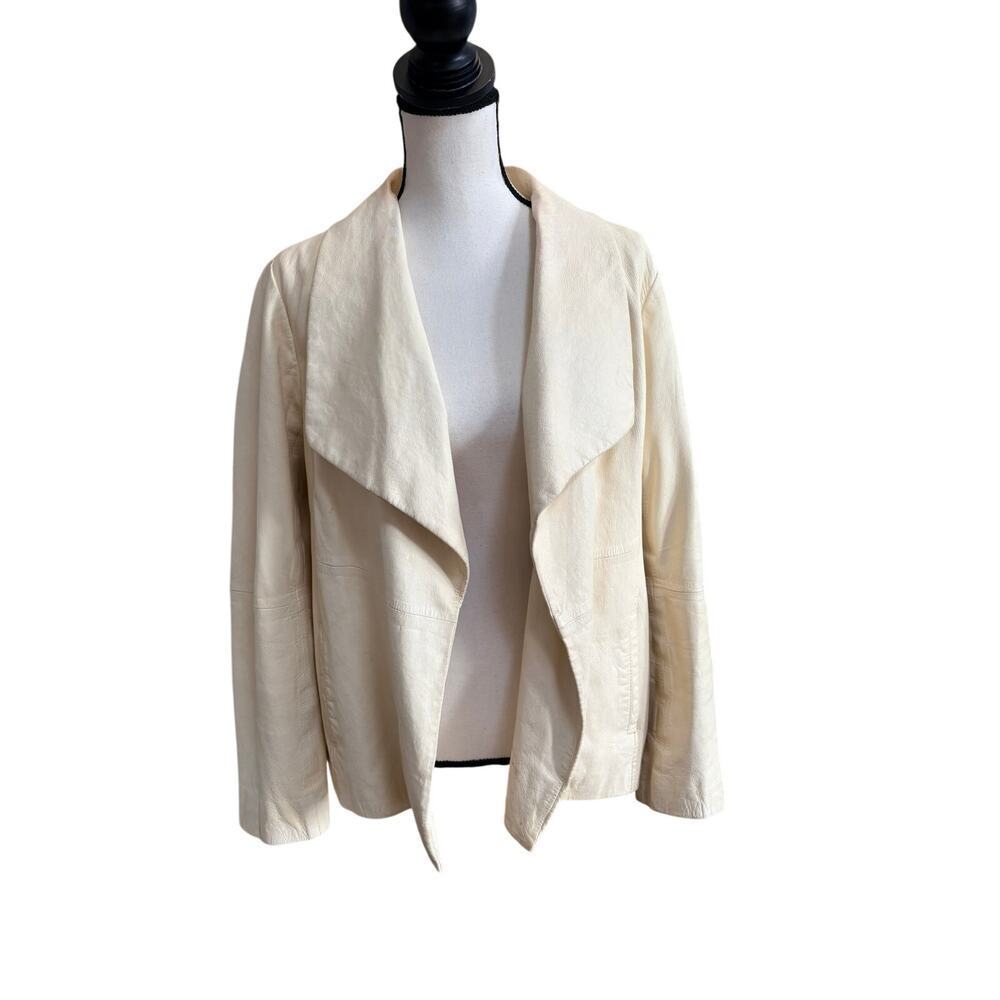 Eileen Fisher Women's Cream Ivory Lambskin Leather Jacket L/XL Vintage Drape